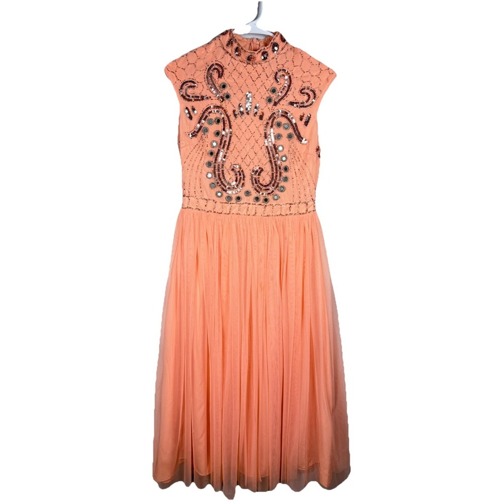 ASOS Embellished Midi Dress US 6 Peach Beaded Sequin Formal Art Deco Tulle‎